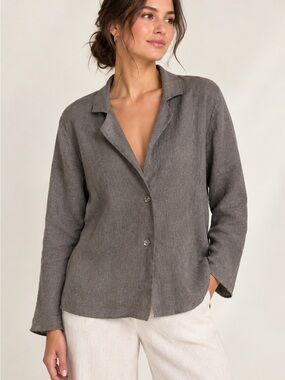 Eileen Fisher 98%linen blazer shirt Charcoal Gray Relaxed Minimalist